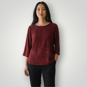 Ali Miles Red‎ Black Abstract Print Button Front Tunic Top M Rayon Blend